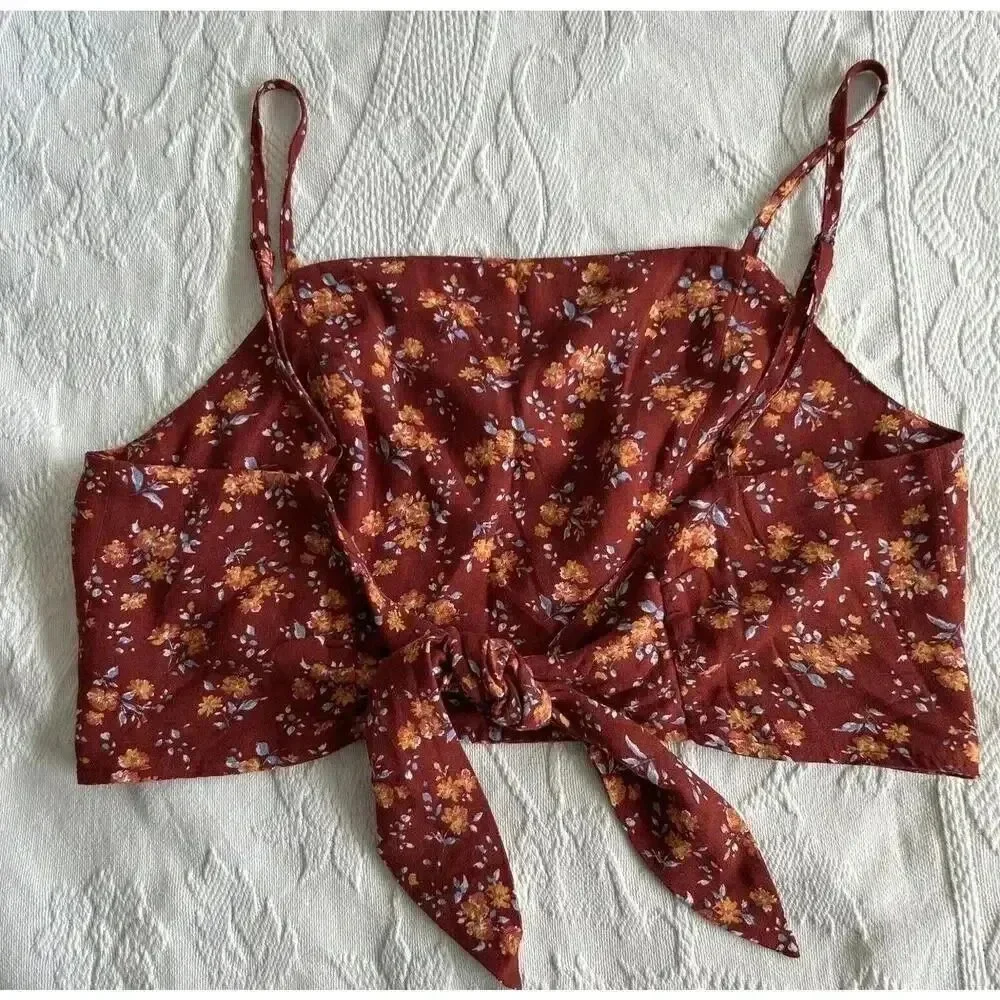 Floral Red Crop Top & High Waisted Pants Set Boho Festival Aeropostale Size M